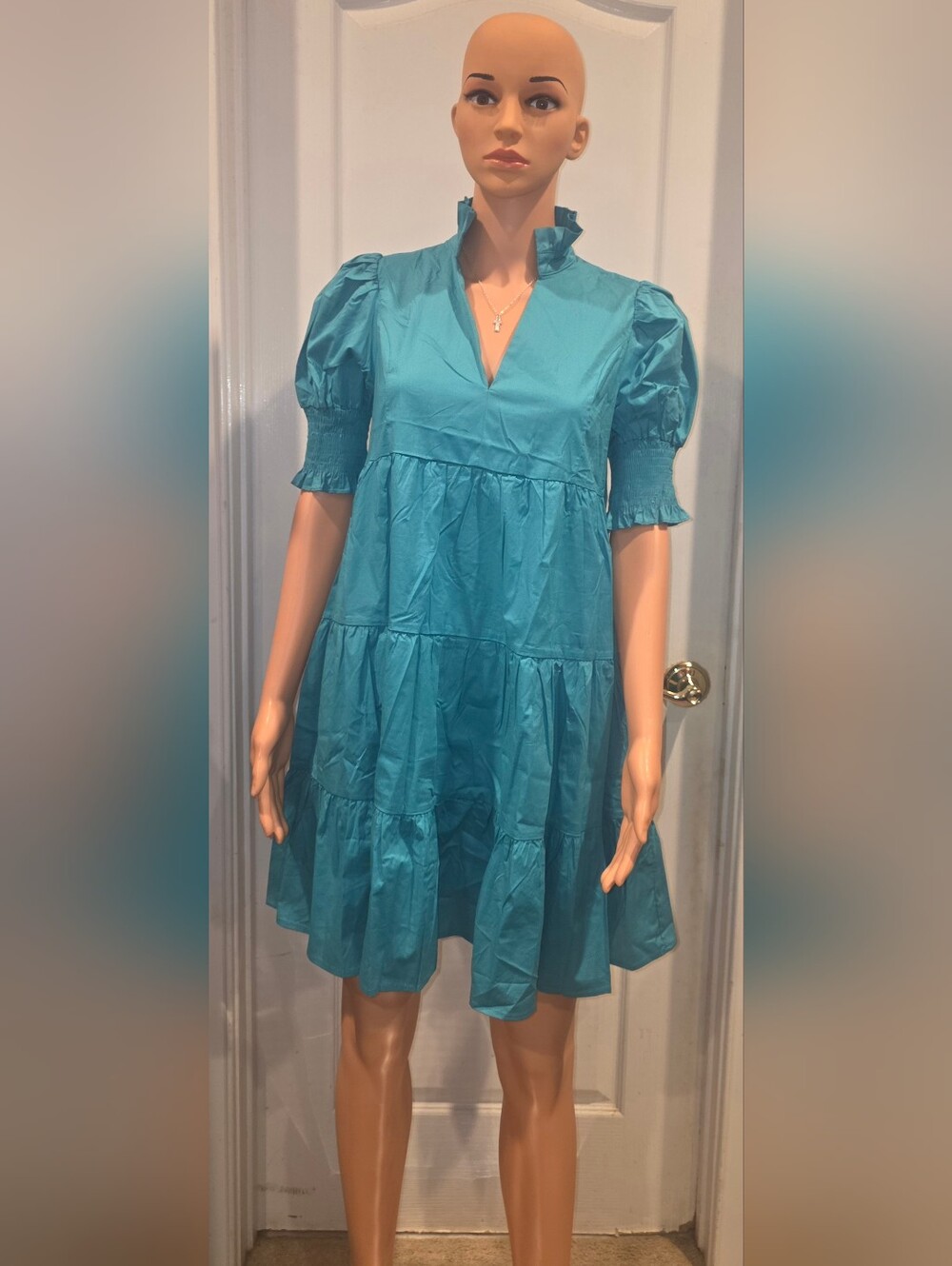 Teal Tiered Short Sleeve Midi Dress